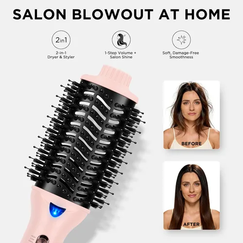 Miniatura 2 de Aima Beauty Cepillo secador de pelo, cepillo de aire caliente de cerámica iónica para alisado sin encrespamiento y soplado voluminoso, barril Rosa
