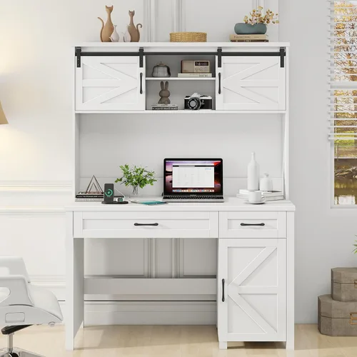 Miniatura 8 de Vabches Farmhouse - Escritorio ejecutivo de 47 pulgadas, escritorio para computadora con 2 cajones, armario de almacenamiento y luz LED, cubo