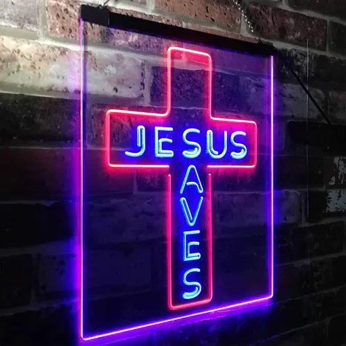 Miniatura 3 de ADVPRO Placa de pared con diseño de Jesús salva cruz, regalos de inauguración de la casa, letrero de neón LED de doble color, azul y rojo, 8.5 x 12