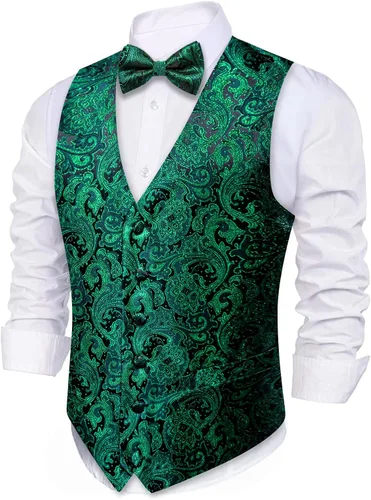 Miniatura 8 de Barry.Wang Conjunto de chaleco de pajarita para hombre, chaleco con cuello en V de seda jacquard de cachemira, gemelos de pañuelo formal/ocio, boda