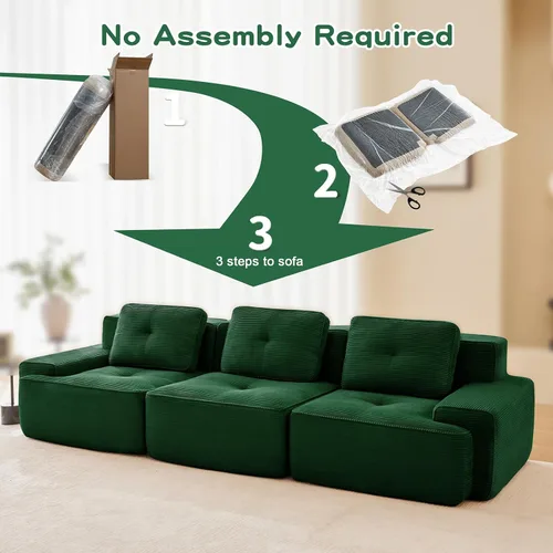 Miniatura 8 de Sofá Moderno Comprimido Sin Estructura de 117", Sofás Seccionales de 3 Plazas para Sala de Estar, Sofá Seccional Modular de Pana Verde Nube, Espuma