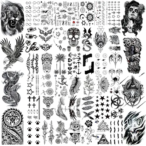 VANTATY 50 hojas de tatuajes temporales negros para hombres y adultos, animales de lobo león dragón, falsos pequeños tatuajes temporales para