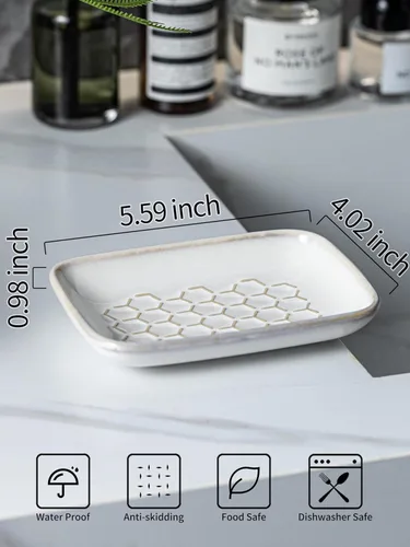 Miniatura 6 de Gomakren Jabonera para ducha, soporte de cerámica para jabón con diseño de panal, bandeja ahorradora de jabón para fregadero de cocina y baño, Beige