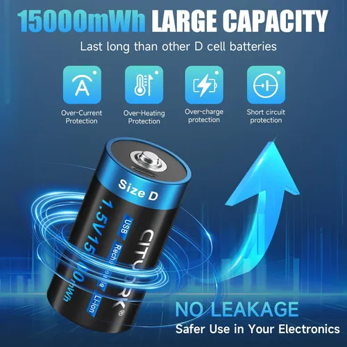Miniatura 6 de CITYORK Paquete de 4 baterías de litio D recargables USB, baterías de tamaño D de 1.5 V 15000 mWh con cable de carga USB-C 4 en 1, batería de celda