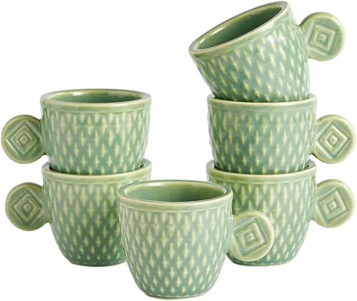 Tazas de café expreso de cerámica vintage, tazas Demitasse de 3 onzas, tazas de café expreso pequeñas en relieve únicas (verde)
