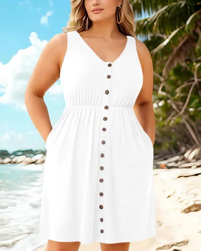 Miniatura 88 de Holipick Vestidos de verano para mujer, talla grande, casual, con bolsillos, acampanado, con botones, sin mangas, cuello en V