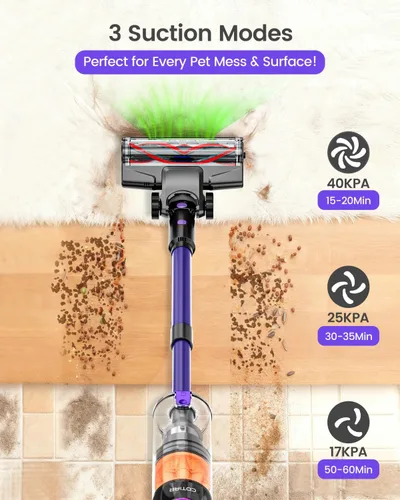 Miniatura 3 de Aspiradora inalámbrica, 500W 40KPa 60 minutos, aspiradoras para el hogar, potente aspiradora de palo con luz verde, aspiradora inalámbrica Morado