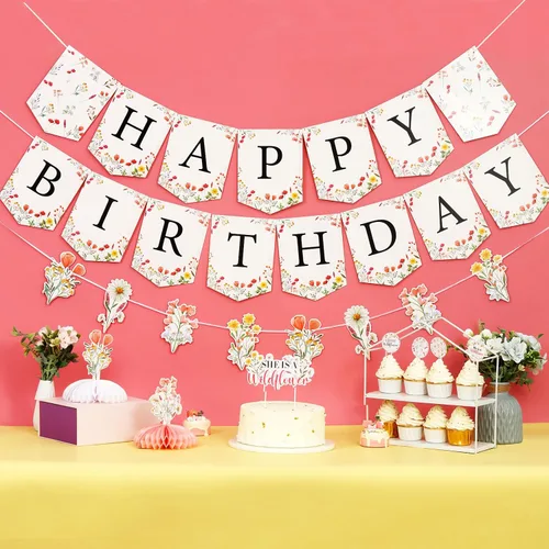 Miniatura 3 de Wildflower - Cartel de feliz cumpleaños con diseño de guirnalda y letrero de decoración de fiesta, pre-encordado, sin bricolaje, tema floral