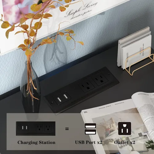 Miniatura 6 de Halitaa Mesita de noche LED negra con estación de carga, mesa auxiliar con 3 cajones y luz, mesa de cabecera con almacenamiento abierto, gabinete