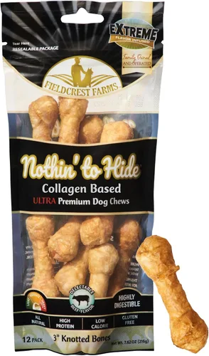 Fieldcrest Farms Nothin' to Hide Golosinas de hueso ultra anudadas de 3 pulgadas, golosinas alternativas naturales de cuero crudo para perros,