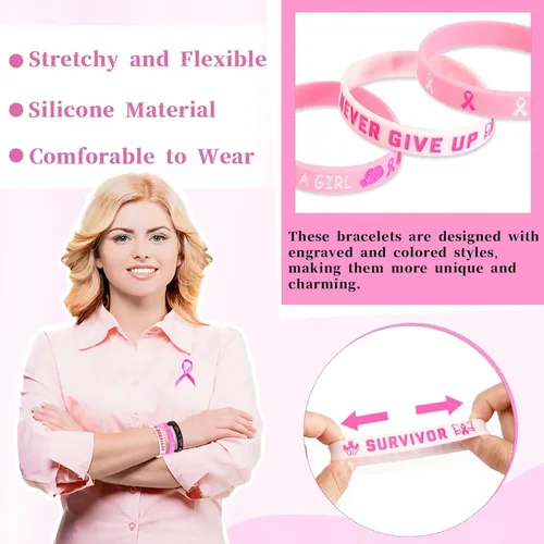 Miniatura 4 de JUNEBRUSHS 42 piezas de accesorios de concientización sobre el cáncer de mama, pulseras de silicona Esperanza Fe Fuerza Coraje, pulseras accesorios