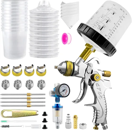 Miniatura 8 de HVLP - Kit de pistola de pulverización, boquillas de 0.06/0.06/0.09 pulgadas con taza mezcladora de 2.5 onzas líquidas y 10 vasos desechables, Rojo