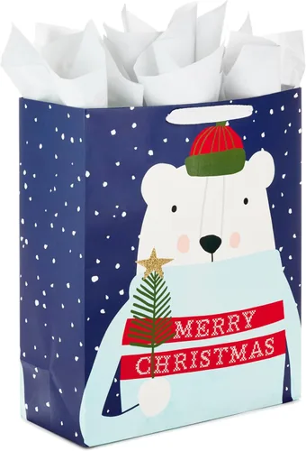 Hallmark Bolsa de regalo de Navidad extra grande de 15 pulgadas con papel de seda (Oso Polar de Feliz Navidad) para niños, adultos, compañeros de