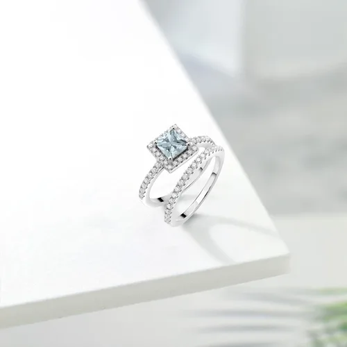 Miniatura 21 de 925 Sterling Silver Halo Bridal Ring Band Set for Women 5MM Princess Cut Gemstone Birthstone with Round White Moissanite Accents Wedding