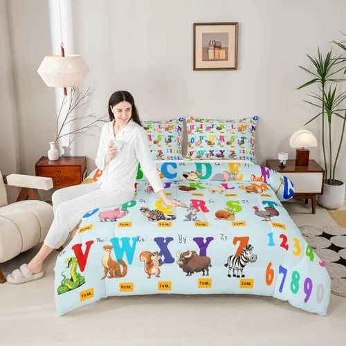Miniatura 5 de jejeloiu Juego de edredón educativo para niños, tamaño King, juego de ropa de cama con números del alfabeto ABC para niños y niñas pequeños