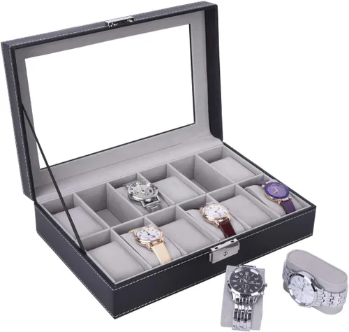 Miniatura 4 de AUTOARK Caja de reloj de cuero, 12 relojes, organizador de joyas, negro, AW-040