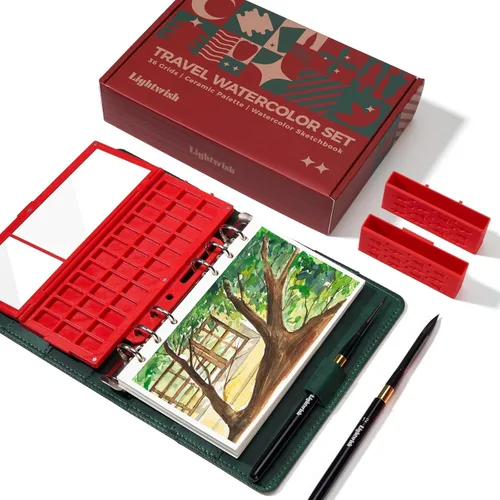 Miniatura 10 de Juego de cuaderno de bocetos de acuarela de viaje, 6.7 x 3.9 pulgadas, 100% algodón, prensa en frío, 20 hojas, diario de arte con paleta de pintura