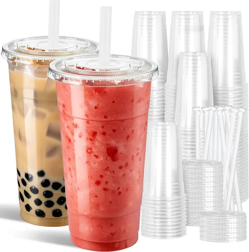 Ginkgo Vasos de plástico transparente de 32 onzas con tapas y pajitas jumbo, desechables para llevar, tazas de café helado para batidos, té con