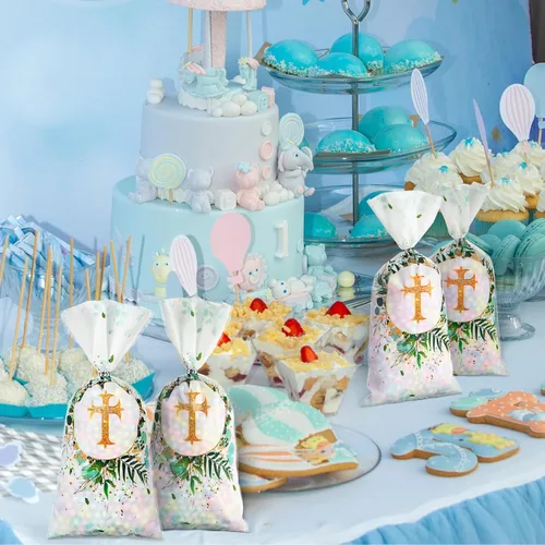 Miniatura 5 de Hotop 100 bolsas de celofán de bautismo, bolsa de regalo, dulces con 150 lazos, suministros de decoración de fiesta de primera comunión