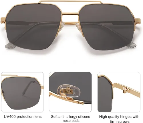 Miniatura 27 de SOJOS Trendy Aviator Sunglasses Mens Womens Retro Double Bridge Metal Frame Semi-Rimless Shades SJ1191