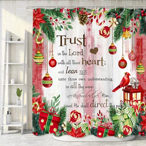 Miniatura 12 de NYMB Cortina de ducha de Navidad, bola de Navidad con ramas de pino con citas inspiradoras Trust in The Lord, cortina de baño de madera rústica