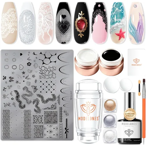 Miniatura 28 de Modelones Kit de estampado de uñas a cuadros de 16 piezas, sello de punta francesa, esmalte de gel de pintura blanca y negra, a prueba de polvo