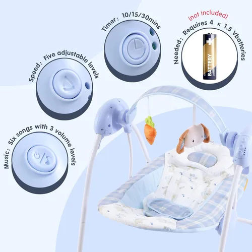 Miniatura 3 de Columpio de bebé portátil para bebés, compacto y plegable con columpio de 5 velocidades, música, temporizador, asiento acolchado, funciona