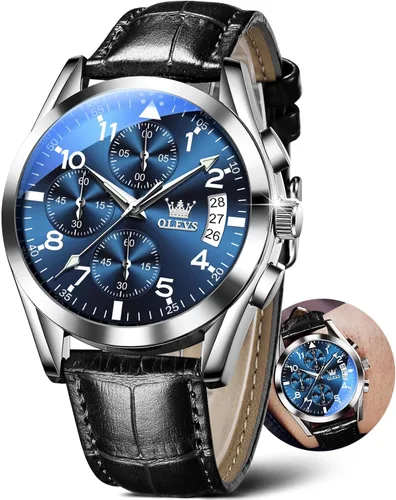OLEVS Relojes de hombre de cuero marrón con fecha, relojes casuales para hombre, relojes de cara grande para hombre, cronógrafo para hombre, reloj