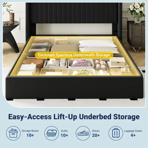 Miniatura 4 de Allewie Marco de cama de almacenamiento elevable, sistema de soporte hidráulico, marco de cama tapizado con plataforma para almacenamiento inferior