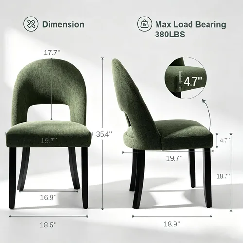 Miniatura 6 de Juego de 2 sillas de comedor de madera, modernas sillas de comedor tapizadas para cocina con tela de lino y respaldo abierto, patas de madera