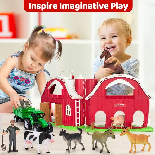 Miniatura 7 de Juguetes de animales de granja para niños de 1, 2, 3, 4 y 5 años, juego de granja grande de granero rojo con figuras de animales y juguete