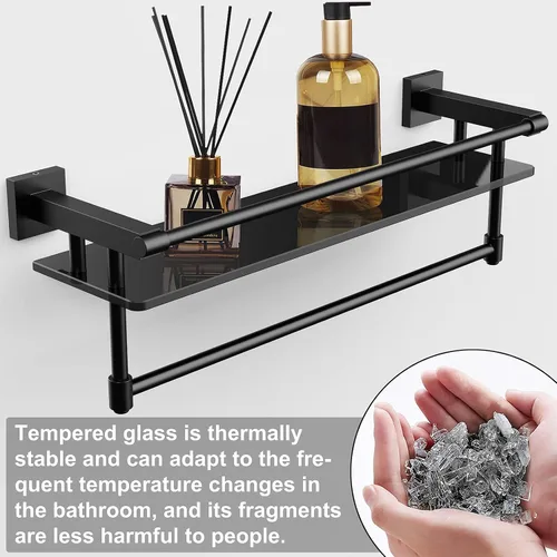 Miniatura 4 de Estante de vidrio para baño de 20 pulgadas, estantes de baño con barra para toallas, estantes de vidrio templado con soporte para toallas de acero