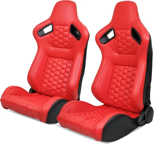 Miniatura 13 de IKON MOTORSPORTS, Asientos universales para vehículos de carreras con deslizadores dobles, asientos deportivos reclinables de cuero PU beige + cuero