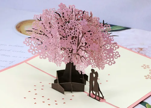 Miniatura 4 de PENTA ANGEL Tarjeta de flor de cerezo hecha a mano con diseño de flor 3D, romántica carta de felicitación de aniversario, boda, San Valentín