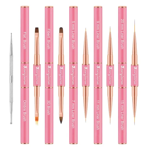 Miniatura 9 de Juego de brochas para arte de uñas, kit profesional de 5 piezas de brochas de uñas de doble punta para detalles, líneas largas, ombre y diseño 3D