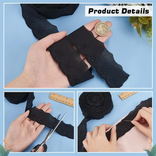 Miniatura 3 de FINGERINSPIRE Cinta de encaje de algodón de 15 yardas, 1-5/8 pulgadas, color negro, con ojales, bordado floral, ribete de encaje, borde ondulado