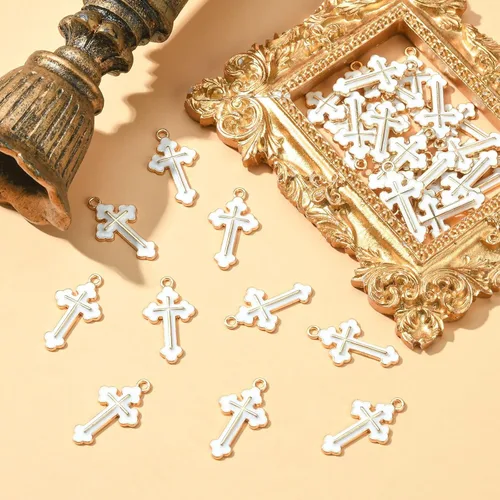 Miniatura 6 de KitBeads 100 dijes de cruz blanca esmaltada, religión, Cristo Jesús, Crucifijo para hacer joyas, pulseras, collares, aretes, manualidades a granel