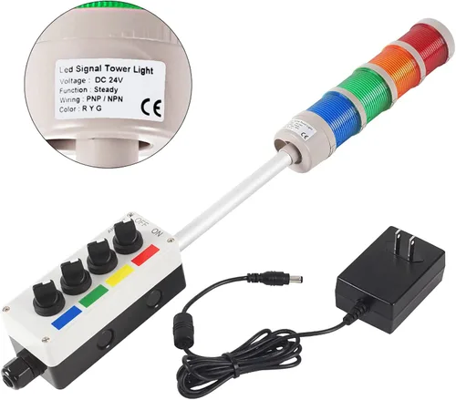 Miniatura 3 de Luz LED Andon de señal de torre de 4 pilas con zumbador, rojo/amarillo/verde/azul, encendido/apagado/flash, interruptor selector ABB, adaptador