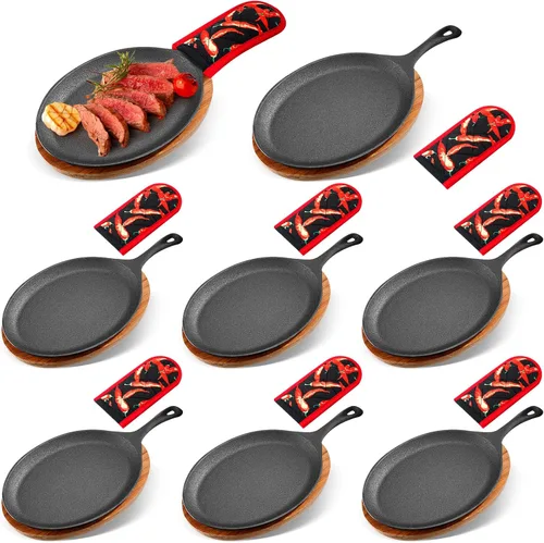Lallisa Juego de 8 Platos de Fajita de Hierro Fundido Juego de Platos Sartén de Fajita con Bandeja de Madera Protección Anti Quemaduras Guante
