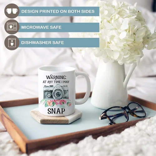 Miniatura 2 de Taza divertida para fotógrafos – Warning I May Snap Camera Gift – Taza de café de fotografía para amantes de la fotografía o aficionados – 11 oz