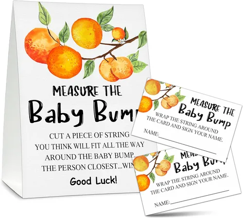 Measure the Baby Bump - Juego de juego para baby shower, 1 letrero de pie con 50 tarjetas de adivinanzas, suministros de decoración de fiesta de