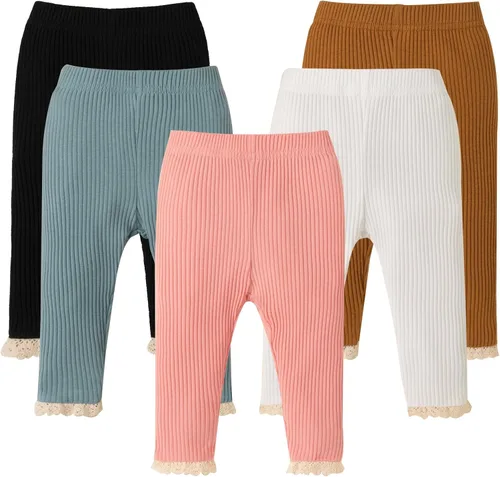 DREAM BUS Paquete de 5 pantalones de bebé para niña, pantalones acanalados con volantes acampanados, leggings para bebé, pantalones acampanados para