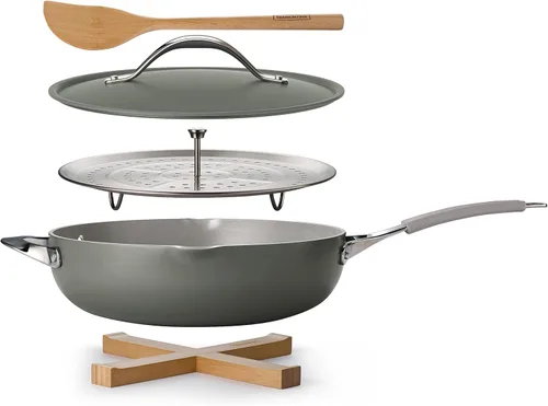 Juego de sartenes todo en uno Tramontina Plus, sartén de cerámica antiadherente de 5 cuartos con tapa, inserto para cocinar al vapor, utensilios de