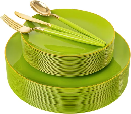 Miniatura 10 de DaYammi Juego de 150 platos de plástico dorado con cubiertos desechables, juego de vajilla desechable de oro blanco, 30 platos llanos, 30 platos