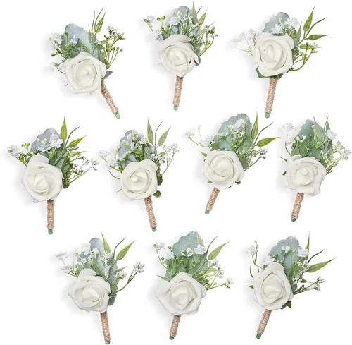 Miniatura 18 de Boutonnieres de aliento de bebé para hombre, juego de 2, blanco natural para novio y padrinos de boda con pin para boda rústica de otoño, vintage