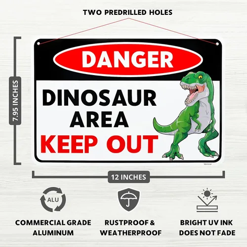 Miniatura 2 de Venicor Letrero de dinosaurio – 8 x 12 pulgadas – Aluminio – Decoración de habitación de dinosaurios para niños – Decoración de dinosaurio T Rex