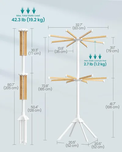Miniatura 6 de SONGMICS Tendedero de 2 niveles, con varillas de bambú para colgar, estante plegable de metal para lavandería, ahorro de espacio, aireador