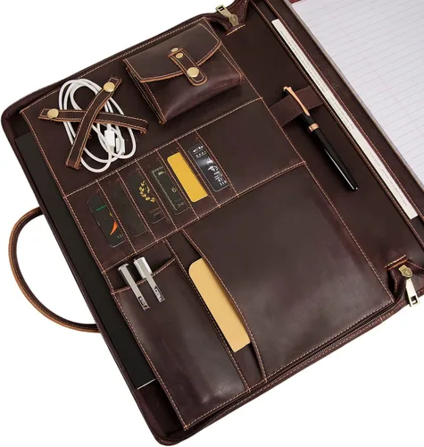 Miniatura 7 de Portafolio de Cuero Genuino, Organizador Padfolio con Asa, Padfolio Personalizado, Padfolio con Cremallera para Hombres y Mujeres, Adecuado
