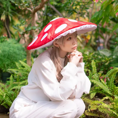 Miniatura 7 de Sombrero de hongo original para disfraz de cosplay, gorra roja con puntos blancos, de gran tamaño y mantiene