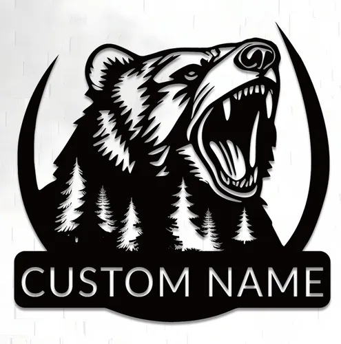 Miniatura 7 de Arte de pared de metal con oso grizzly de bosque, letreros personalizados con nombre de oso rugiente, decoración de pared personalizada de cabaña
